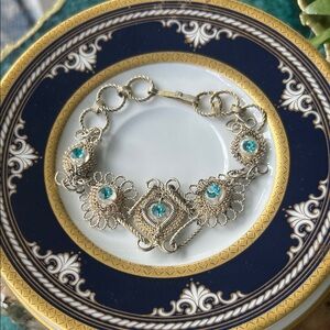 Vintage Silver Crocheted Lace Filigree  Wire-work Bracelet w Aqua Crystals